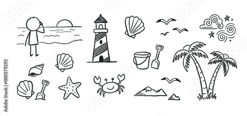 Collection of hand-drawn summer beach doodles featuring a lighthouse, palm trees, crab, and seashells in a charming black and white line art style with a simple, sketchy aesthetic