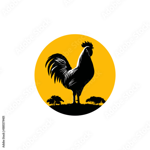 Majestic Rooster Silhouette Logo Design with Detailed Feathers Against a Vibrant Yellow Circle Background, Farm Animal