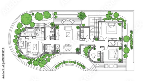 High-quality black continuous line art of a modern resort bungalow floor plan with circular and square structures and greenery, luxury hospitality architecture illustration