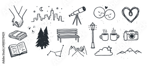 Set of hand-drawn doodle icons for romantic dates and cozy activities, featuring a couple, holding hands, a telescope, a city, and a park bench in a cute, minimalist style