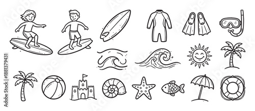 Collection of hand-drawn summer beach icons in a simple black and white doodle style, featuring surfers, a palm tree, sandcastle, and various sea-related elements