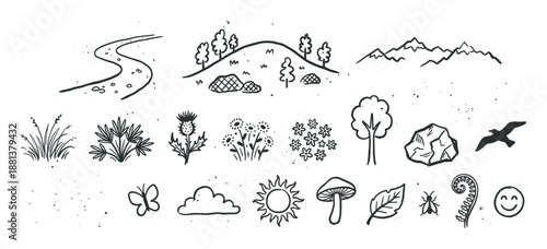 Collection of hand-drawn black nature doodles featuring a winding path, mountains, trees, flowers, and a bird, illustrated in a simple, rustic sketch style