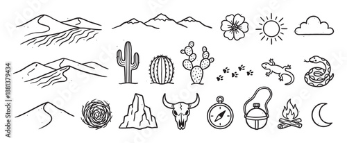 Set of hand-drawn desert adventure icons featuring a cactus, snake, skull, mountains, and compass in a minimalist black and white line art doodle style for travel themes