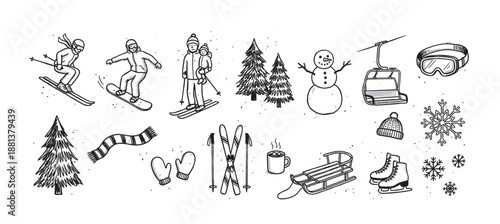 Set of hand-drawn winter activity icons in a charming doodle style, featuring a skier, snowboarder, snowman, sled, ice skates, and other seasonal holiday elements