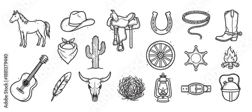 Set of hand-drawn wild west icons in a black and white doodle style, including a cowboy hat, horse, boot, saddle, skull, cactus, and other western themed elements