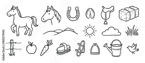 Hand-drawn horse and farm life icons set featuring a pony, saddle, horseshoe, hay, and other equestrian elements in a simple black and white doodle sketch style