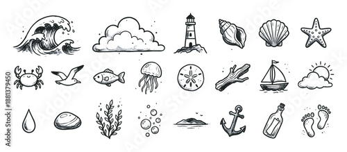 Set of hand-drawn nautical icons featuring a wave, lighthouse, anchor, shells, and sea creatures in a black and white doodle sketch style for marine and travel concepts