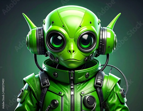 A cute, green alien in a futuristic suit and oversized headphones stares at the viewer, set against a gradient background