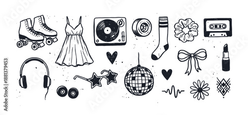 Collection of hand-drawn vintage doodle illustrations featuring a disco ball, roller skates, a cassette, and other nostalgic 80s party and fashion elements in a sketchy style