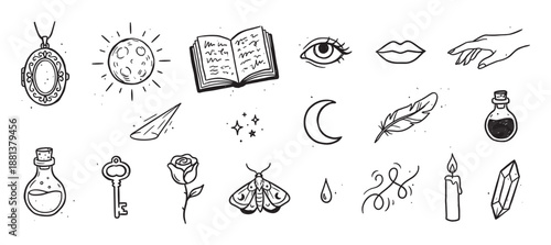 Hand-drawn set of various magical doodle icons featuring a moon, crystal, key, spellbook, potion, and feather in a black and white line art style for esoteric themes