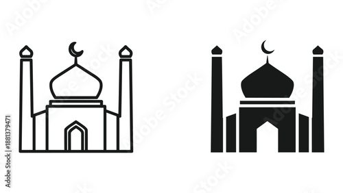 Mosque icon set with crescent moon and minarets
