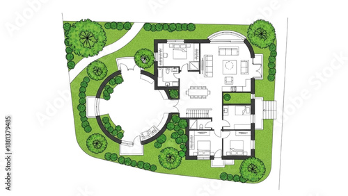 High-quality black continuous line art of a green home floor plan with modern circular and square structures and greenery, sustainable eco house architecture illustration