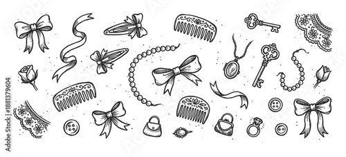 Hand-drawn set of vintage feminine accessories including bows, jewelry, keys, and ribbons in a charming and romantic doodle illustration style