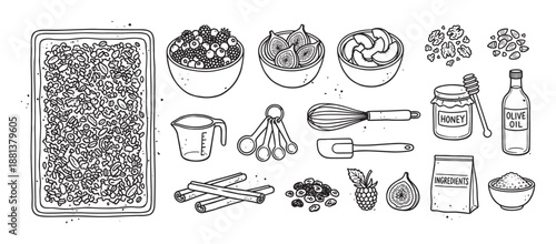Hand-drawn granola ingredients and kitchen utensils set in a black and white line art style, featuring oats, berries, figs, nuts, honey, and baking tools for a healthy breakfast recipe