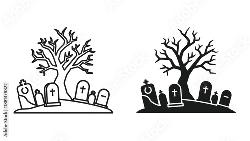 Graveyard scene with tombstones and bare tree