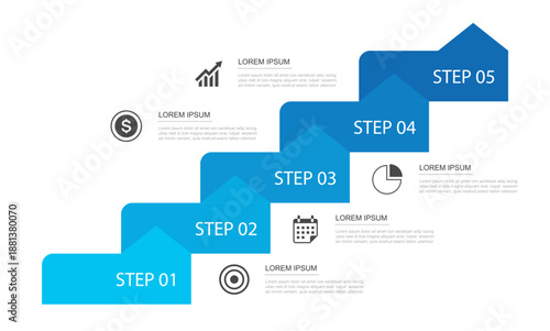 Blue infographic showing 5 steps stairs diagram to financial success and saving money.