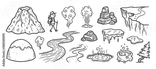 Set of hand-drawn nature adventure icons featuring a volcano, hiker, river, and geyser in a simple black and white doodle style illustration collection for exploration themes