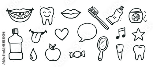 Hand-drawn dental care and oral hygiene icons set in a simple monochrome doodle style, featuring a tooth, toothbrush, toothpaste, and other stomatology related elements