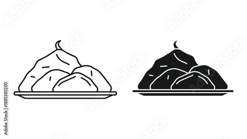 Dumplings on a plate in black and white illustration