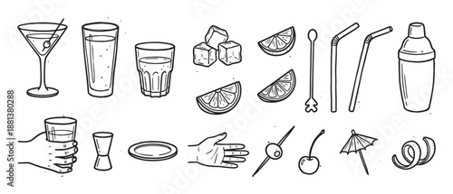 Hand drawn cocktail making equipment and ingredients collection featuring a shaker, jigger, various glasses, citrus wedges, and garnishes in a simple black ink sketch illustration style