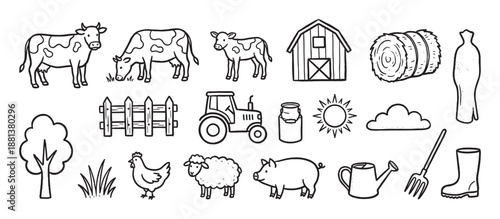 Set of black and white farming doodles including a cow, pig, sheep, chicken, tractor, and barn, illustrated in a charming hand-drawn line art style with a stippled texture