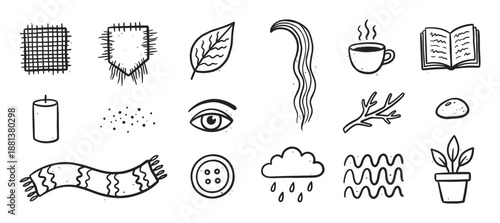 Set of hand-drawn black doodle icons featuring cozy and nature elements like a scarf, coffee cup, book, leaf, plant, and rainy cloud in a simple minimalist line art style