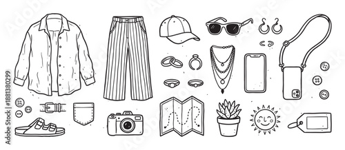 Hand-drawn black and white collection of travel essentials including clothing, accessories, and gadgets in a simple doodle style for a summer vacation or trip concept