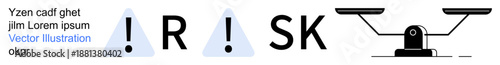 Risk management, decision-making, safety, evaluation, hazard warnings, judgment. Text with warning symbols and balance scales in a minimalist composition. Risk management and decision-making concept