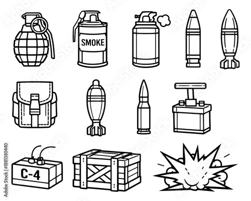 Line art military weapons set featuring grenades, ammunition, and explosives for army and combat concepts