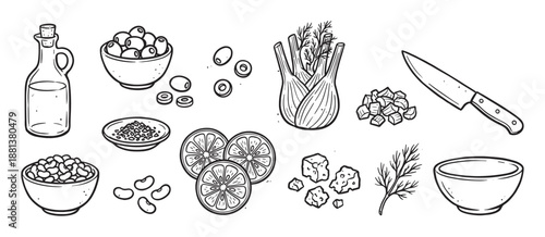 Hand-drawn black and white food ingredients for a healthy salad including olives, fennel, beans, lemon, and cheese in a rustic doodle style illustration set for cooking concepts