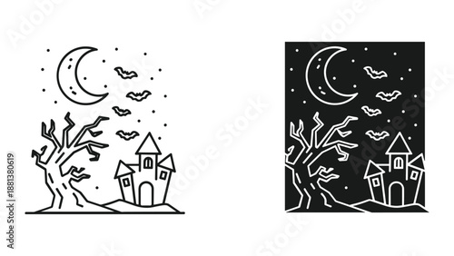 Spooky halloween castle scene with bats and moon