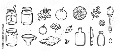 Hand-drawn black and white kitchen icons featuring homemade jam making elements like glass jars, berries, citrus, herbs, and utensils in a charming rustic doodle style