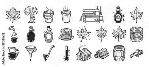 Collection of hand-drawn maple syrup icons in a vintage engraved style, featuring a sugar shack, pancakes, bottles, leaves, and production equipment for a classic rustic feel