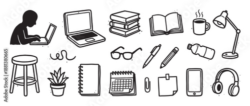 Set of hand-drawn doodle icons for studying and remote work, including a laptop, books, headphones, desk lamp, and a person working on a computer in a simple sketch style