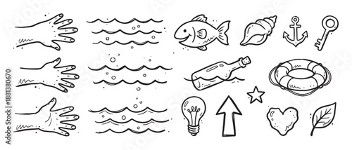 Hand-drawn doodle icon set with various objects including a fish, anchor, lifebuoy, and message in a bottle in a simple black and white line art sketch style