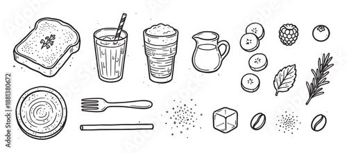 Hand-drawn black and white breakfast food illustrations including toast, coffee, berries, and utensils in a rustic doodle sketch style for a cafe menu or recipe design