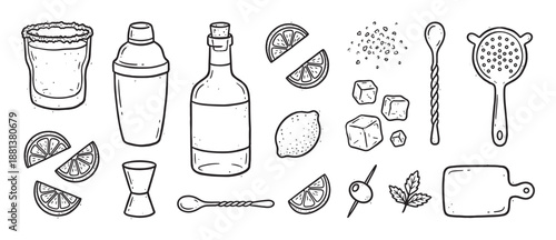 Hand-drawn cocktail making equipment and ingredients set featuring a shaker, jigger, glass, lemon, and ice cubes in a black and white doodle illustration style
