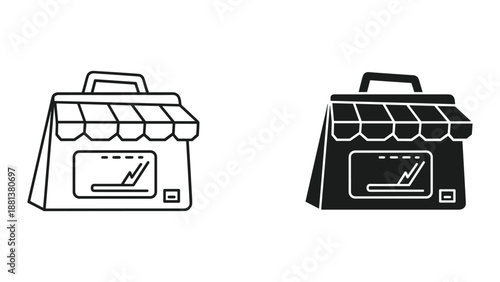 Simple line art of two market stalls in different colors