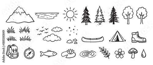 Hand-drawn camping and nature icons set featuring a mountain, tent, canoe, backpack, and compass in a simple black and white doodle style for outdoor adventure themes