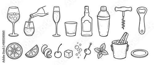 Collection of hand-drawn cocktail elements including glasses, bottles, bar tools, and garnishes in a simple black and white line art doodle style for mixology concepts