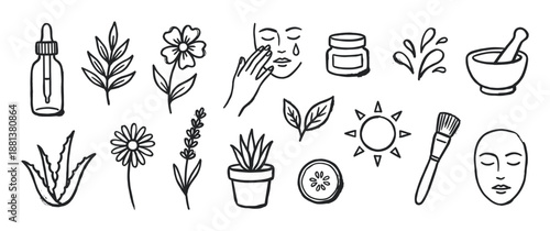 Collection of hand-drawn skincare icons representing natural beauty and cosmetic products like serum, cream, flowers, and aloe vera in a minimalist black and white line art style