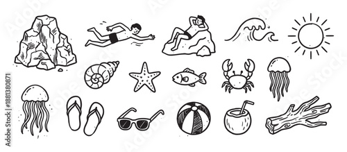 Collection of hand-drawn beach vacation doodles featuring a swimming person, crab, jellyfish, sun, and other summer holiday elements in a simple black and white line art sketch style