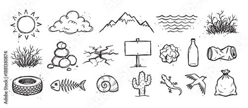 Set of hand-drawn doodle icons showing nature, pollution, and environmental themes with a sun, mountain, trash, and animals in a simple black and white sketch style