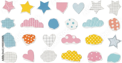 Collection of assorted decorative paper scraps featuring stars hearts clouds and various textured shapes with ripped edges in pastel tones decoration sticker tear colorful transparent background