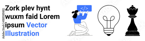 Technology, creativity, education, problem-solving, strategy, innovation. A woman interacts with coding, a lightbulb and a chess piece. Technology and innovation illustrated