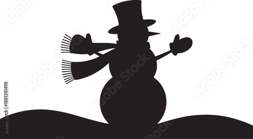 Silhouette of a snowman wearing a hat and scarf with outstretched arms