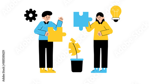 Male and female team members collaborating to solve a puzzle representing business problem solving and synergy