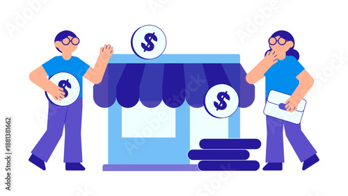 Business team providing financial funding and support to a small retail shop or startup to help it grow