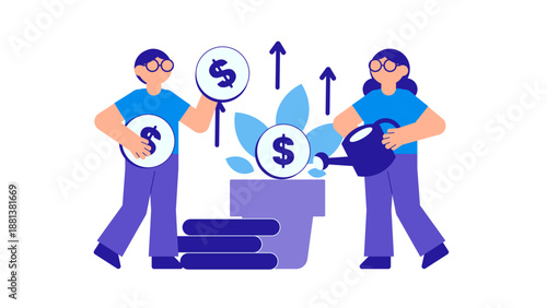 Business partners watering a money plant to represent nurturing investments and long term financial growth