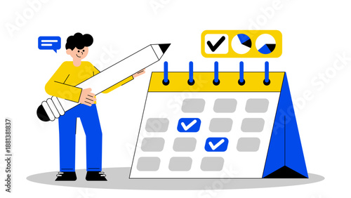 Office worker holding a large pencil while organizing tasks and marking deadlines on a calendar